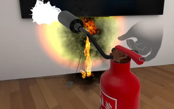 Avatar Academy fire safety module: using a fire extinguisher on a fire in VR