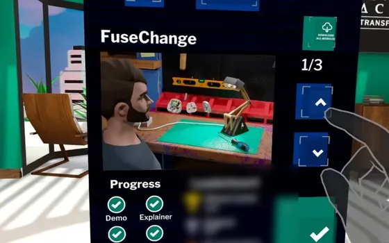 Avatar Academy fuse change module menu in VR, with progress ticks for each learning mode